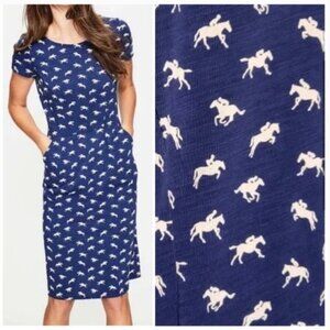 Boden Phoebe Jersey Knit Novelty Horse Print Equestrian Dress 8 Navy White